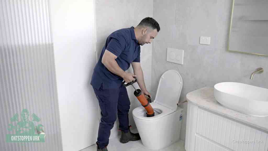Een monteur buigt over een wandcloset en duwt met de hand een persluchtontstopper in de toiletpot om de verstopping handmatig los te maken in Urk
