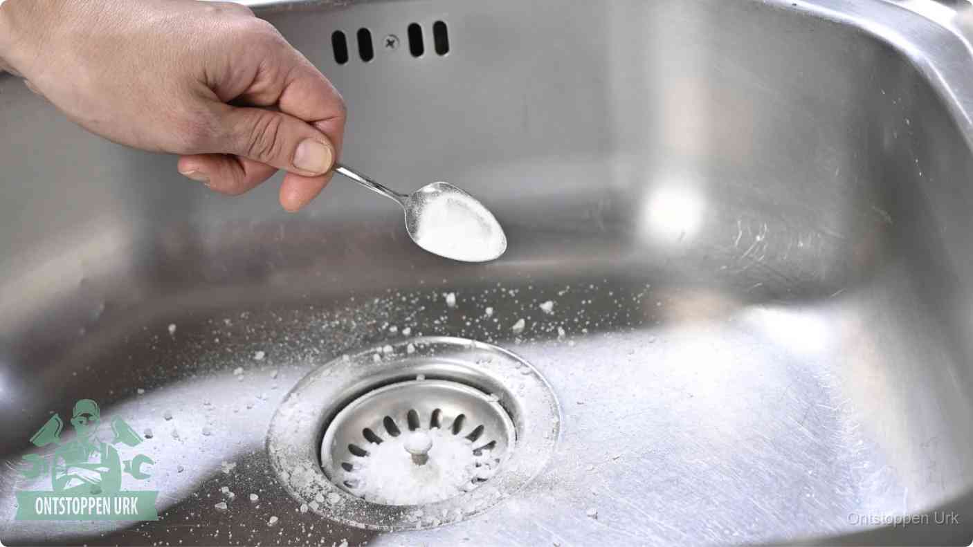 Hand strooit soda in de afvoer, riool ontstoppen met soda en azijn in Urk