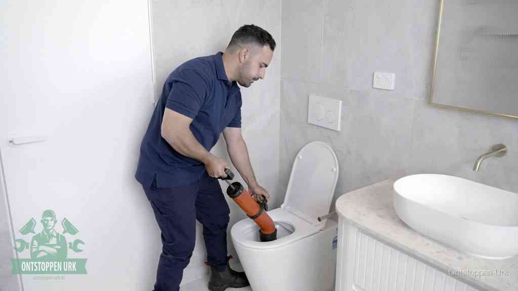 Een monteur gebruikt een handmatige perspomp (toiletontstopper) op een wandcloset tijdens het professioneel wc ontstoppen in Urk
