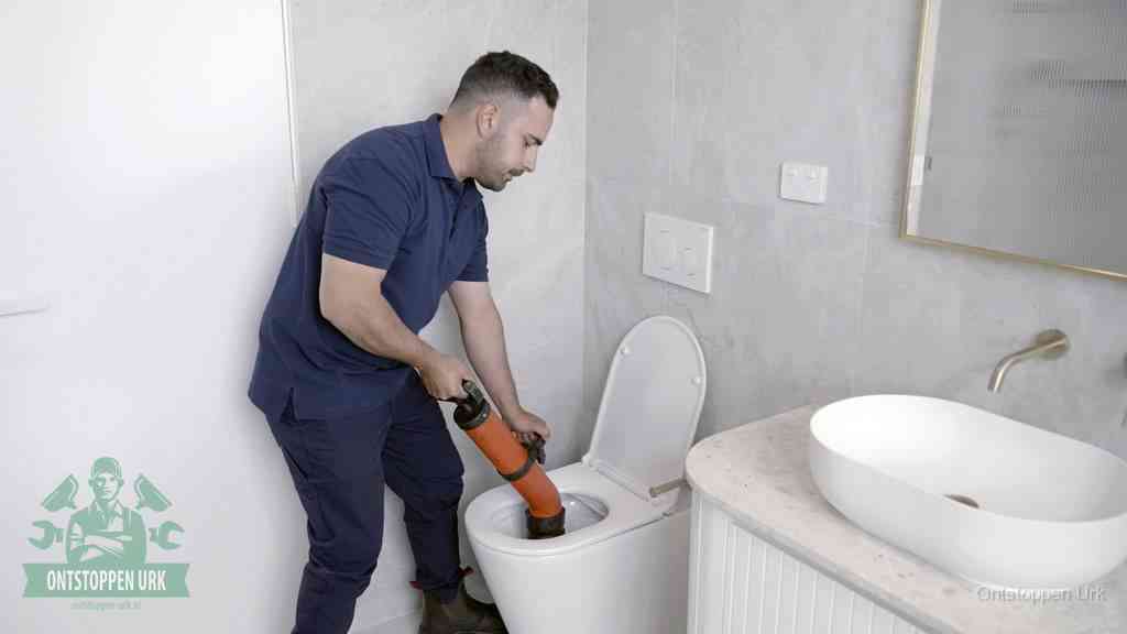 Een man gebruikt een handmatige luchtdruk-ontstopper in een modern betegeld toilet om zelf de wc te ontstoppen in Urk